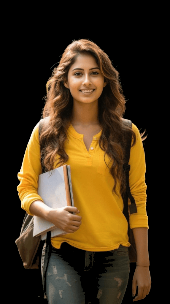 B.Com student with books and backpack at BIHE campus
