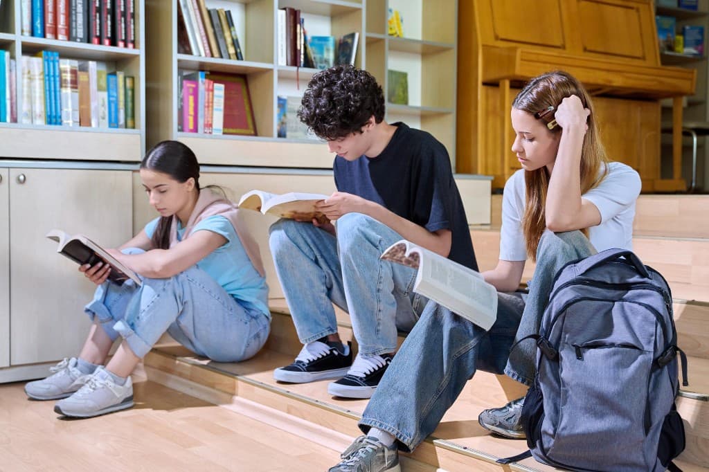 Students studying together in the campus library
