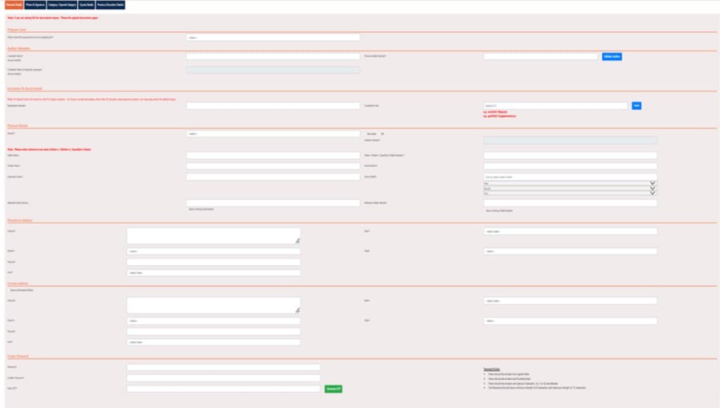 UUCMS new candidate registration form showing personal details, photo, category, quota, and education sections